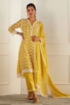 Buy_Mulmul_Yellow 100% Tencel Organza Embroidered Floral V Pharis Kurta Pant Set  _at_Aza_Fashions