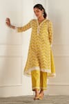 Mulmul_Yellow 100% Tencel Organza Embroidered Floral V Pharis Kurta Pant Set  _Online_at_Aza_Fashions