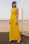 Buy_Ease_Yellow Satin Organza Embroidery Butti Asymmetric One Shoulder Jumpsuit  _at_Aza_Fashions