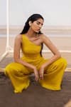 Ease_Yellow Satin Organza Embroidery Butti Asymmetric One Shoulder Jumpsuit  _Online_at_Aza_Fashions