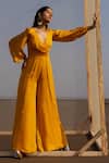 Buy_Ease_Yellow Satin Organza Embroidery Tikki V Neck Balloon Sleeve Jumpsuit For Women_at_Aza_Fashions