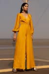 Shop_Ease_Yellow Satin Organza Embroidery Tikki V Neck Balloon Sleeve Jumpsuit For Women_at_Aza_Fashions