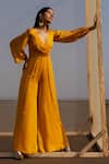 Ease_Yellow Satin Organza Embroidery Tikki V Neck Balloon Sleeve Jumpsuit For Women_Online_at_Aza_Fashions