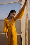 Shop_Ease_Yellow Satin Organza Embroidery Tikki V Neck Balloon Sleeve Jumpsuit For Women_Online_at_Aza_Fashions