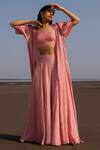 Buy_Ease_Pink Crepe Tikki Blouse V Neck, Jacket Open Embroidered And Pant Set _at_Aza_Fashions