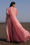 Shop_Ease_Pink Crepe Tikki Blouse V Neck, Jacket Open Embroidered And Pant Set _at_Aza_Fashions