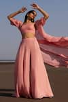 Ease_Pink Crepe Tikki Blouse V Neck, Jacket Open Embroidered And Pant Set _Online_at_Aza_Fashions