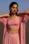 Buy_Ease_Pink Crepe Tikki Blouse V Neck, Jacket Open Embroidered And Pant Set _Online_at_Aza_Fashions