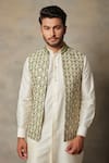 Shop_Gargee Designers_Green Cotton , Moonga Applique Floral Bundi And Kurta Set _Online_at_Aza_Fashions