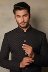 Shop_Gargee Designers_Black Cotton Silk, Polyester Viscose Jacquard Textured Sherwani Set _Online_at_Aza_Fashions