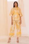Buy_Pooja-Keyur_Yellow Cotton Satin Floral Print Top And Pant Set_at_Aza_Fashions