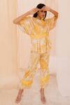 Shop_Pooja-Keyur_Yellow Cotton Satin Floral Print Top And Pant Set_at_Aza_Fashions