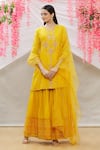 Buy_Sozenkari_Yellow Chanderi Tissue And Organza Bead Kurta Sharara Set _at_Aza_Fashions