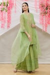 Sozenkari_Green Chanderi Tissue And Organza Hand Embroidered Kurta Sharara Set _Online_at_Aza_Fashions