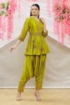 Buy_Sozenkari_Green Pure Chanderi Hand Embroidered Zardozi V Neck Jacket And Cowl Pant Set _at_Aza_Fashions