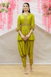 Sozenkari_Green Pure Chanderi Hand Embroidered Zardozi V Neck Jacket And Cowl Pant Set _Online_at_Aza_Fashions