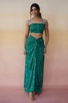 Aapro_Green Modal Bandhej Square Neck Macau Crop Top And Skirt Set _Online_at_Aza_Fashions