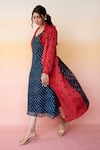 Aapro_Red Modal And Kota Doria Print Bandhej & Leheriya Denver Trench Coat & Dress Set _Online_at_Aza_Fashions