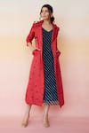 Shop_Aapro_Red Modal And Kota Doria Print Bandhej & Leheriya Denver Trench Coat & Dress Set _Online_at_Aza_Fashions