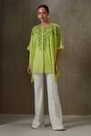 Namrata Joshipura_Green Textured Georgette Embroidery Thread And Sequin Trellis Kaftan Top _Online_at_Aza_Fashions
