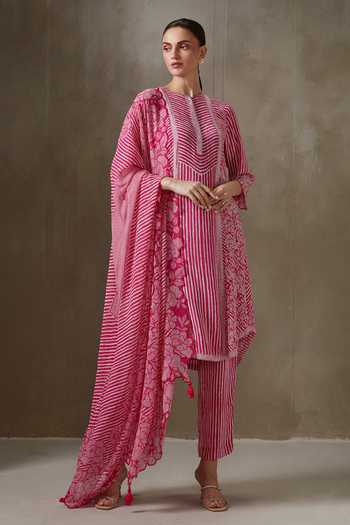 Women's Orange Crepe Bandhej Print Straight Kurta Plazzo With Dupatta