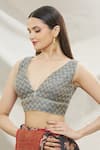 Buy_Samyukta Singhania_Grey Brocade Woven Chevron V Neck Blouse _at_Aza_Fashions