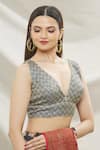 Samyukta Singhania_Grey Brocade Woven Chevron V Neck Blouse _Online_at_Aza_Fashions