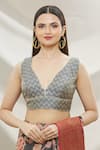 Shop_Samyukta Singhania_Grey Brocade Woven Chevron V Neck Blouse _Online_at_Aza_Fashions