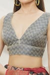 Samyukta Singhania_Grey Brocade Woven Chevron V Neck Blouse _at_Aza_Fashions