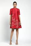 Buy_Madder Much_Red 80% Cotton 20% Silk Floral Round Rubia Pentagon Short Dress _at_Aza_Fashions