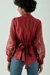 Shop_Madder Much_Red 80% Cotton 20% Silk Floral V Neck Niko Embroidered Sleeve Top _at_Aza_Fashions