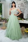 Buy_Varun Chakkilam_Green Silk Organza Layered Asymmetric Gown_at_Aza_Fashions