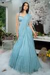 Buy_Varun Chakkilam_Blue Silk Organza Bugle Beads, Cutdana And Pre-draped Ruffle Saree With Blouse _at_Aza_Fashions