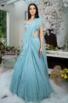 Shop_Varun Chakkilam_Blue Silk Organza Bugle Beads, Cutdana And Pre-draped Ruffle Saree With Blouse _at_Aza_Fashions