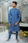 Buy_Varun Chakkilam_Blue Twill Silk Embroidery Bugle Beads Sherwani And Pant Set  _at_Aza_Fashions