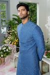 Shop_Varun Chakkilam_Blue Twill Silk Embroidery Bugle Beads Sherwani And Pant Set  _at_Aza_Fashions