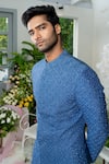 Varun Chakkilam_Blue Twill Silk Embroidery Bugle Beads Sherwani And Pant Set  _Online_at_Aza_Fashions