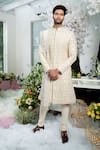 Buy_Varun Chakkilam_White Twill Silk And Cotton Lycra Embroidery Sherwani Set With Stole  _at_Aza_Fashions