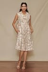 Buy_SHRIYA SOM_Beige Tulle Embroidered Floral Motifs Lapel Vest Dress  _at_Aza_Fashions