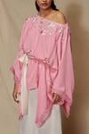 Shop_Shriya Som_Pink Crepe Georgette Floral Motifs One Shoulder Embroidered Kaftan Top _Online_at_Aza_Fashions