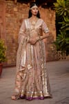 Buy_Atelier Shikaarbagh_Pink Brocade Embroidery Bird V Neck Floral Bridal Lehenga Set  _at_Aza_Fashions
