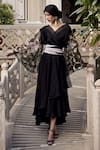 Buy_Atelier Shikaarbagh_Black Silk Satin Floral V Neck Sleeve Embroidered Dress _at_Aza_Fashions