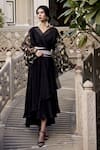 Shop_Atelier Shikaarbagh_Black Silk Satin Floral V Neck Sleeve Embroidered Dress _at_Aza_Fashions