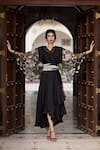 Buy_Atelier Shikaarbagh_Black Silk Satin Floral V Neck Sleeve Embroidered Dress _Online_at_Aza_Fashions