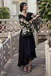 Shop_Atelier Shikaarbagh_Black Silk Satin Floral V Neck Sleeve Embroidered Dress _Online_at_Aza_Fashions
