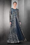 Rohit Gandhi + Rahul Khanna_Blue Nylon Polyester Embellished Sequins Round Jacket And Skirt Set _Online_at_Aza_Fashions