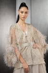 Shop_Rohit Gandhi + Rahul Khanna_Beige Tulle Embellished Feathers Asymmetric Jacket And Skirt Set _Online_at_Aza_Fashions