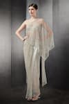 Buy_Rohit Gandhi + Rahul Khanna_Beige Tulle Embroidered Sequin One Shoulder Saree Gown _at_Aza_Fashions