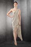 Buy_Rohit Gandhi + Rahul Khanna_Beige Net Embroidered Sequins One Shoulder Saree Gown _Online_at_Aza_Fashions