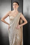 Shop_Rohit Gandhi + Rahul Khanna_Beige Net Embroidered Sequins One Shoulder Saree Gown _Online_at_Aza_Fashions